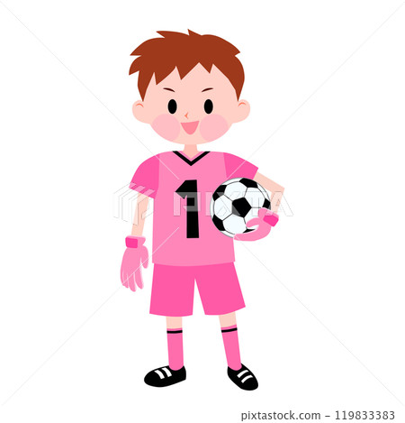 Goalkeeper boy wearing a pink uniform and holding a soccer ball 119833383