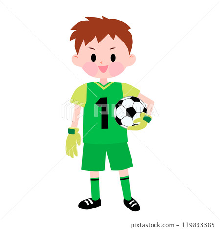 穿著綠色足球製服的守門員男孩 119833385