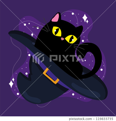 Playful black cat inside witch hat on purple, Vector 119833735