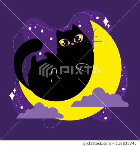 Playful black cat lounging on crescent moon, Vector Playful black cat lounging on crescent moon, Vector 119833743