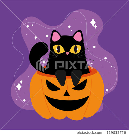 Black cat sitting in a jack-o'-lantern pumpkin, Vector 119833756