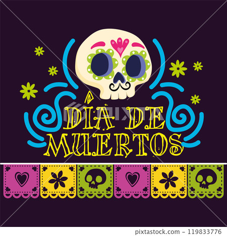 Papel picado and sugar skull for Day of the Dead, Vector 119833776