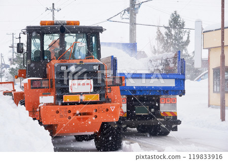 使用旋轉式掃雪機進行除雪作業 119833916