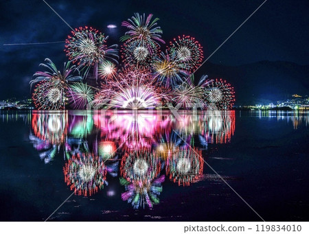 倒映在水面上的萬花筒煙火 大津琵琶湖夜間巡遊煙火 倒映在水面上的萬花筒煙火 大津琵琶湖夜間巡遊煙火 119834010