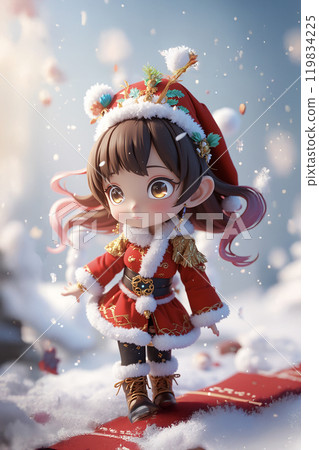 Little girl 3D cartoon character wearing Christmas costume for celebrating Christmas. Little girl 3D cartoon character wearing Christmas costume for celebrating Christmas. 119834225