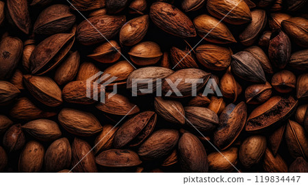 Background of large group of raw peeled almonds. Generative AI 119834447