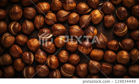Many dried acorn nuts background. Top view on large group of nuts. Generative AI 119834449