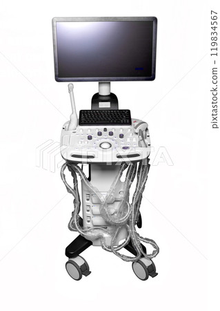 Modern ultrasound machine with monitor and scanning probes, medical diagnostic equipment for healthcare, technology tool for hospitals, medical technology concept. Modern ultrasound machine with monitor and scanning probes, medical diagnostic equipment for healthcare, technology tool for hospitals, medical technology concept. 119834567