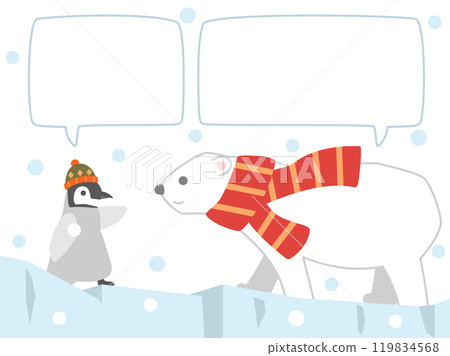 Illustration of a cute polar bear wearing a red scarf and a penguin wearing a hat walking on a glacier with speech bubbles Illustration of a cute polar bear wearing a red scarf and a penguin wearing a hat walking on a glacier with speech bubbles 119834568