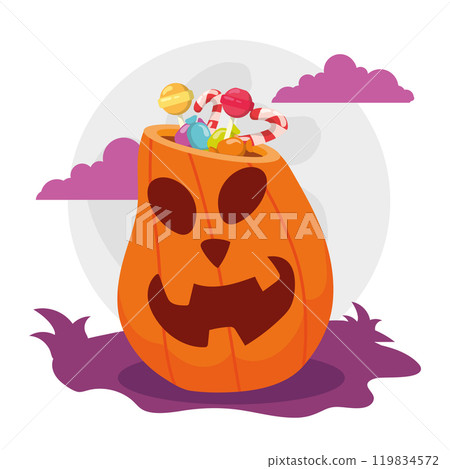 Tall spooky jack-o -lantern pumpkin with Halloween candy, Vector 119834572