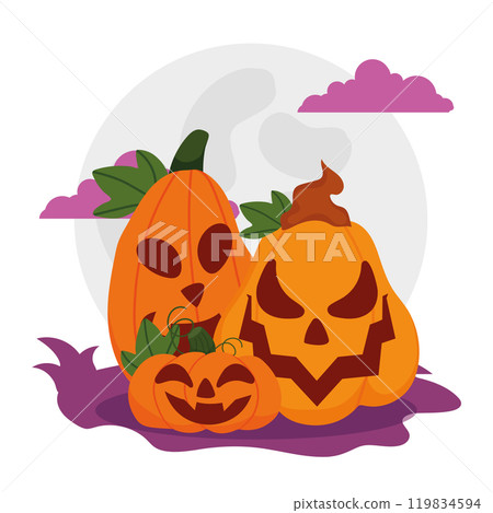 Group of jack-o -lantern pumpkins with spooky faces, Vector Group of jack-o -lantern pumpkins with spooky faces, Vector 119834594