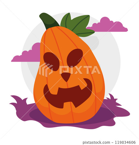 Tall spooky jack-o -lantern pumpkin with full moon, Vector 119834606
