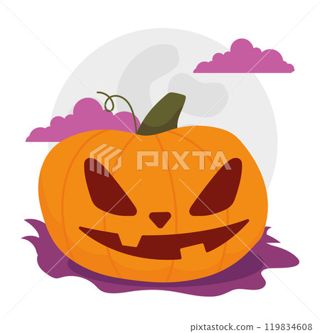 Angry jack-o -lantern pumpkin under full moon, Vector Angry jack-o -lantern pumpkin under full moon, Vector 119834608