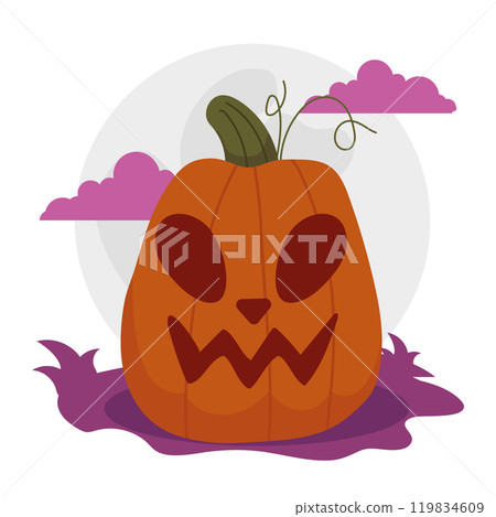 Scary jack-o -lantern pumpkin with full moon, Vector 119834609