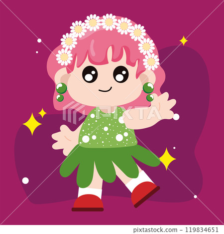 Cute child in flower costume with daisy crown Vector Cute child in flower costume with daisy crown Vector 119834651