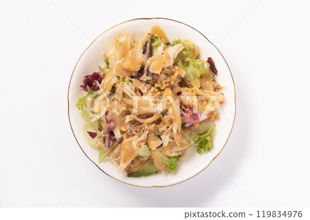 White maitake mushroom salad with peanut miso dressing 119834976
