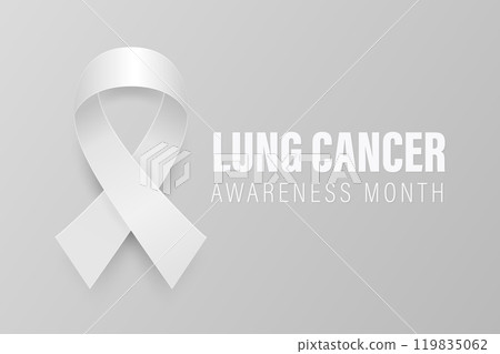Vector Realistic Lung Cancer Awareness Banner With White Ribbon. Realistic White Ribbon on Gray Background. Lung Cancer Support Symbol. Medical Banner, Health Campaign. White Ribbon Loop Illustration 119835062