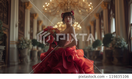 穿著彩色連身裙的女模特兒的肖像 119835106