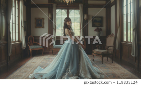 Portrait of a female model in a colored dress 119835124
