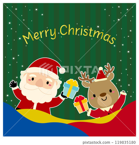 Cute Santa Claus and reindeer Christmas banner / square, green stripes Cute Santa Claus and reindeer Christmas banner / square, green stripes 119835180
