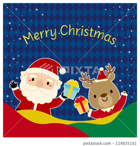 可愛的聖誕老人和馴鹿聖誕橫幅/方形藍色格子 119835181