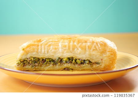 Delicious Baklava featuring a flavorful Pistachio Filling arranged beautifully on a Colorful Plate Delicious Baklava featuring a flavorful Pistachio Filling arranged beautifully on a Colorful Plate 119835367
