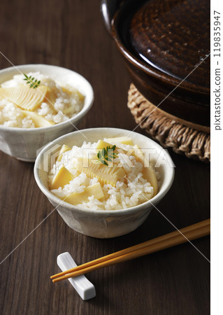 Bamboo shoot rice served in a bowl Bamboo shoot rice served in a bowl 119835947
