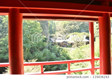 從觀音堂的朱紅柱子之間看到釋昆寺的正殿 119836283