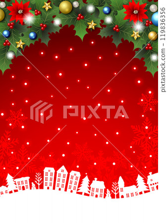 聖誕背景，垂直，紅色，城市景觀，一品紅，冬青，可愛，雪 119836356