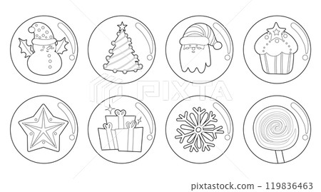 Set of isolated Christmas and New Year label in cute doodle style on transparent background. Volume 8 : Black outline with white plain. 119836463