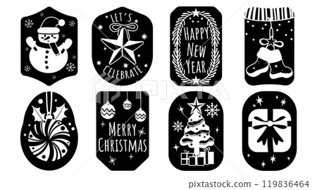 Set of isolated Christmas and New Year label in cute doodle style on transparent background. Volume 9 : Black silhouette. 119836464