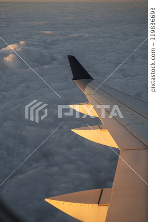 Airplane Wing Over Cloudscape at Sunrise Airplane Wing Over Cloudscape at Sunrise 119836693