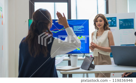 financial asking question when leader reviewing data during a nighttime meeting financial projections and digital reports displayed on a screen 119836946