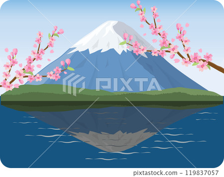Mount Fuji with lake and cherry blossoms Mount Fuji with lake and cherry blossoms 119837057