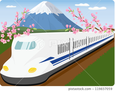Shinkansen and Mt. Fuji with cherry blossoms 119837059