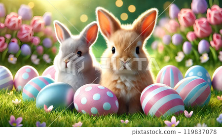 Easter: Bunny and colorful Easter eggs 119837078