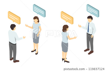 Isometric illustration: Men and women having a conversation (suit summer) Isometric illustration: Men and women having a conversation (suit summer) 119837124