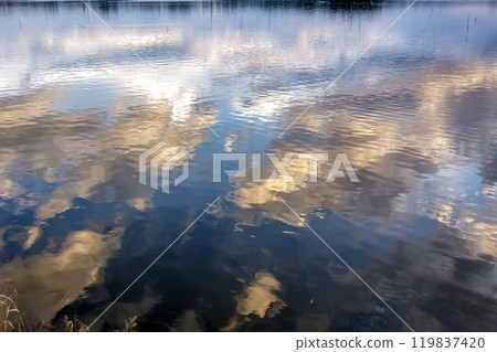 水面隨著彩雲的倒影閃閃發光、搖曳不定【湖面地層作為背景素材】 水面隨著彩雲的倒影閃閃發光、搖曳不定【湖面地層作為背景素材】 119837420