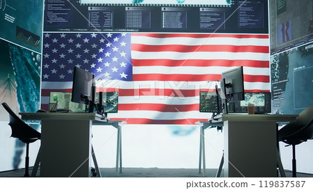 Empty American military control center equipped with high tech gear and a big screen, space used as an army drone control and monitoring room. Protecting national interests. Camera B. 119837587