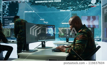 Cloud computing expert using new technology AI brain to learn intelligence for national defense missions, operating laptop to gather information from cctv systems. Neural network. Camera B. Cloud computing expert using new technology AI brain to learn intelligence for national defense missions, operating laptop to gather information from cctv systems. Neural network. Camera B. 119837604