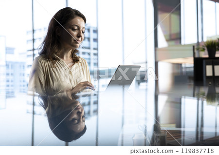 Successful female entrepreneur oversees a strategic review of the company activity, analyzing market trends and setting new priorities. Ensuring the enterprise objectives achievements. Successful female entrepreneur oversees a strategic review of the company activity, analyzing market trends and setting new priorities. Ensuring the enterprise objectives achievements. 119837718