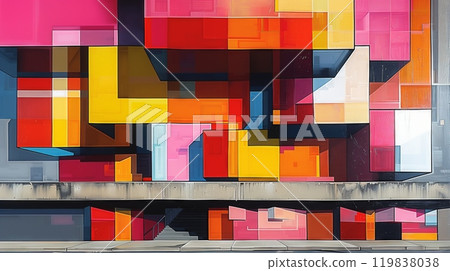 Experience contemporary urban art with a vibrant abstract geometric street art mural 119838038