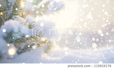 Snow-covered fir trees and soft light 119838176