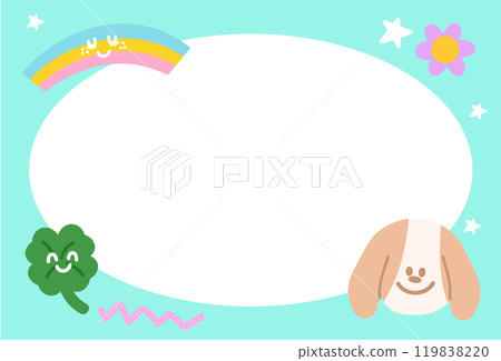 Cute pastel frame with puppy, rainbow, clover leaf for polaroid frame, animal, pet shop, vet, social media, post card, rectangle template, sticky note, banner, name tag, spring, summer, dog cartoon Cute pastel frame with puppy, rainbow, clover leaf for polaroid frame, animal, pet shop, vet, social media, post card, rectangle template, sticky note, banner, name tag, spring, summer, dog cartoon 119838220
