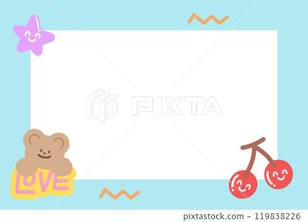 Cute pastel blue frame with teddy bear, cherry, LOVE letters for polaroid frame, animal, zoo, souvenir, social media, post card, rectangle ad template, sticky note, banner, name tag, spring, summer Cute pastel blue frame with teddy bear, cherry, LOVE letters for polaroid frame, animal, zoo, souvenir, social media, post card, rectangle ad template, sticky note, banner, name tag, spring, summer 119838226