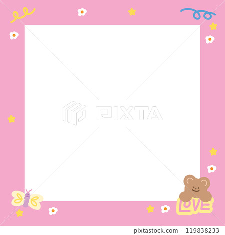 Cute square frame with teddy bear, butterfly, flower for polaroid photo, banner, social media post, ad template, memo, sticky note, notepad, paper design, cook cover, animal print, zoo, souvenir shop 119838233