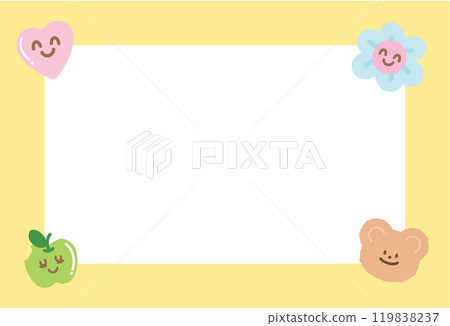 Cute pastel yellow frame with teddy bear, flower, heart, apple for polaroid frame, animal, zoo, souvenir, social media, post card, rectangle ad template, sticky note, banner, name tag, spring, summer Cute pastel yellow frame with teddy bear, flower, heart, apple for polaroid frame, animal, zoo, souvenir, social media, post card, rectangle ad template, sticky note, banner, name tag, spring, summer 119838237