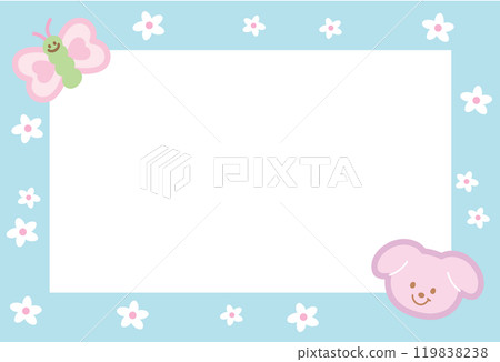 Cute blue frame with puppy, butterfly, flower for polaroid frame, animal, pet shop, social media, post card, rectangle ad template, sticky note, banner, name tag, pet shop, vet, adopt and rescue pet 119838238