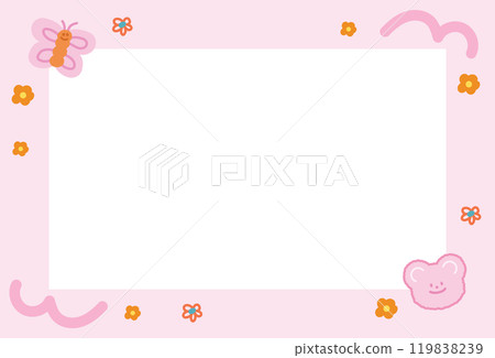 Cute pastel pink frame with teddy bear, butterfly, flowers for polaroid frame, animal, zoo, souvenir, social media, post card, rectangle template, sticky note, banner, name tag, spring, summer Cute pastel pink frame with teddy bear, butterfly, flowers for polaroid frame, animal, zoo, souvenir, social media, post card, rectangle template, sticky note, banner, name tag, spring, summer 119838239