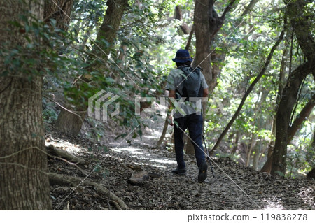 一個男人沿著光線照耀的森林裡的健行路線行走 一個男人沿著光線照耀的森林裡的健行路線行走 119838278